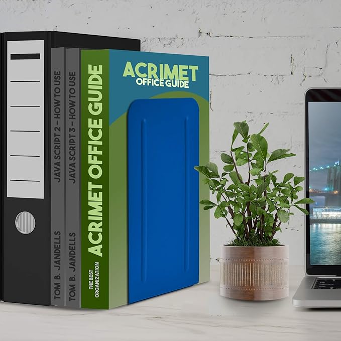 Acrimet Metal Bookends, Jumbo Size 9" H x 4" W x 4-1/2" D, Non-Skid Book Stand for Shelves, Heavy Duty Book Stopper, Deep Blue, 1 Pair
