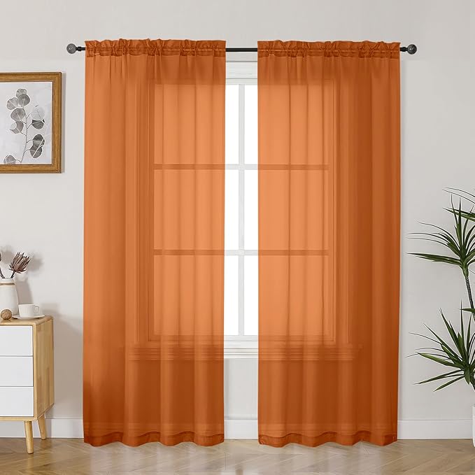 Gwine Sheer Curtains 72 Inches Long 2 Panels for Front Door, Light Filtering Fall Sheer Curtains for Living Room, Lightweight Rod Pocket Window Treatments Drapes, Each 42 Wx72 L, Burnt Orange