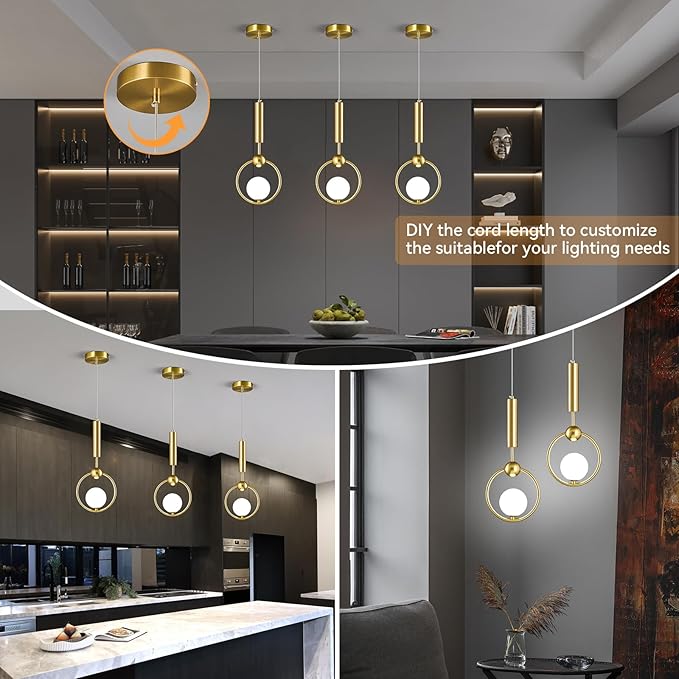 Modern Globe Glass Pendant Light fixtures 1-Light, Simplicity Gold Pendant Lighting, Mid Century Chandelier for Kitchen Island Dining Room Bedroom Entryway Hallway(2-Pack)