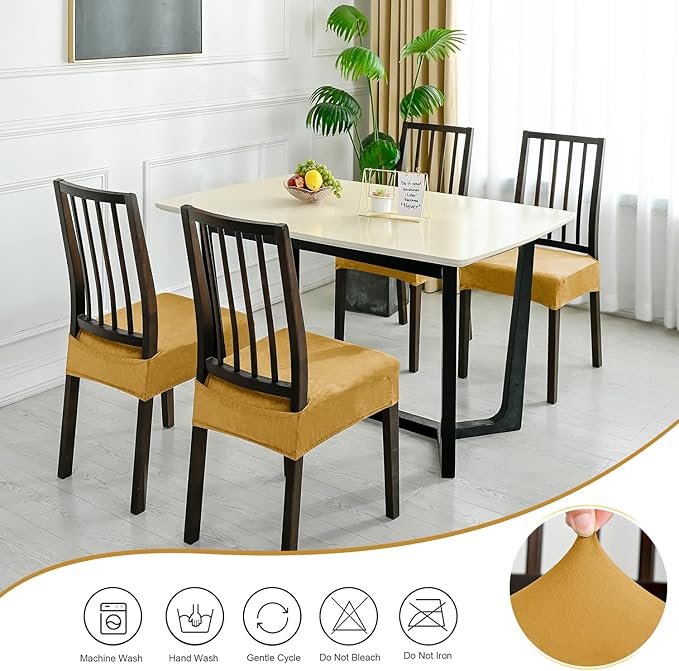 Dining Chair Seat Covers Set of 6, Stretch Velvet Chair Seat Slipcovers Protector, Removable Washable Kitchen Chair Covers for Dining Room Chairs (Set of 6, Mustard)