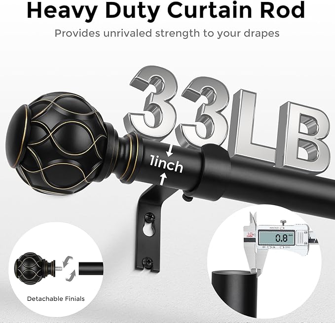 Long Black Curtain Rod, Heavy Duty 1 Inch Decorative Curtain Rods for Windows 72 to 144 Inch, Single-Side Adjustable Vintage Rustic Matte Black Drapery Pole with Boho Netted Texture Finials