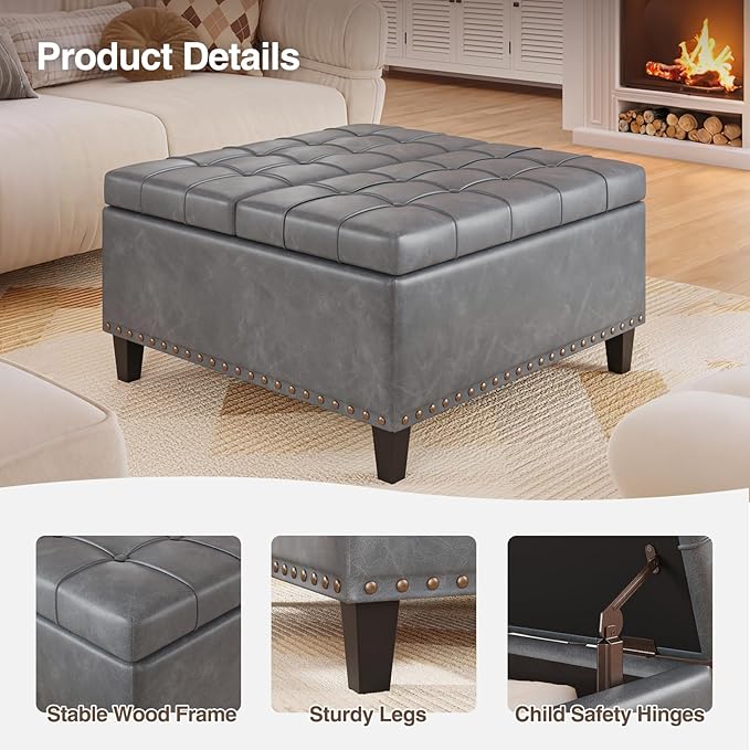 Square Leather Ottoman with Storage, Faux Leather Coffee Table with Lift Top,Large Upholstered Footrest Stool Toy Box Storage Bench for Bedroom Living Room, Grey