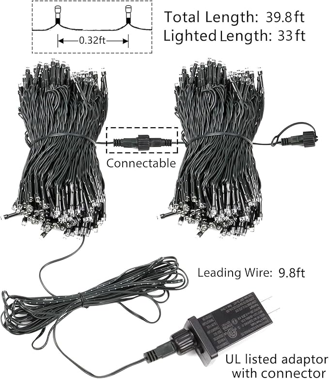 Upgraded 33 FT 100 LED Christmas Lights Outdoor Indoor, Extendable Waterproof White String Lights with Memory Function & Timer & 8 Modes Green Wire for Xmas Tree Holiday Party Garden Decor(Cool White)