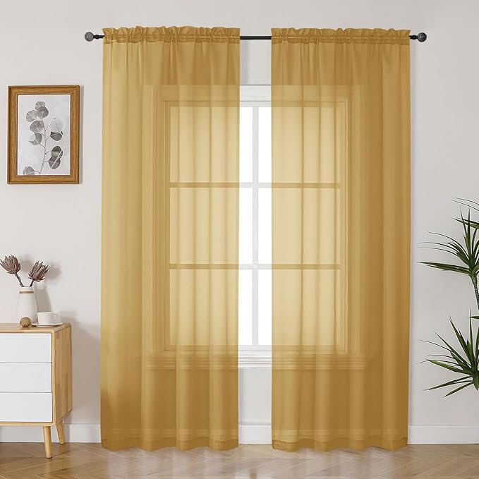 Gwine Gold Sheer Curtains 90 Inches Long 2 Panels Set, Light Filtering Solid Filmy Drapes for Living Room Bedroom, Elegant Soft Rod Pocket Voile Sheer Window Curtains, 42Wx90L Inch, 2PCS, Gold
