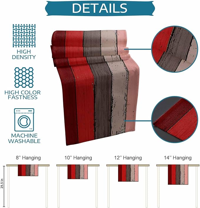 Farmhouse Cotton Linen Table Runner Dresser Scarf Retro Rustic Barn Wood Texture Ombre Christmas Red Brown Non-Slip Rectangle Settings Decoration for Kitchen Home Dining Holiday, 18x72 inch