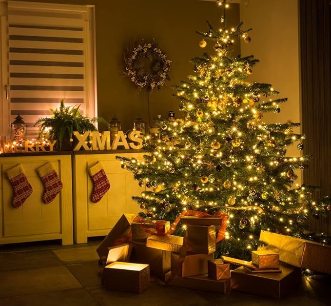 LAMPHOME 33ft Golden Christmas Decorative Mini Lights, 100 LED Green Wire Fairy Starry String Lights Plug in,11 Lighting Modes for Indoor Outdoor Xmas Tree Wedding Party Decoration (Yellow)