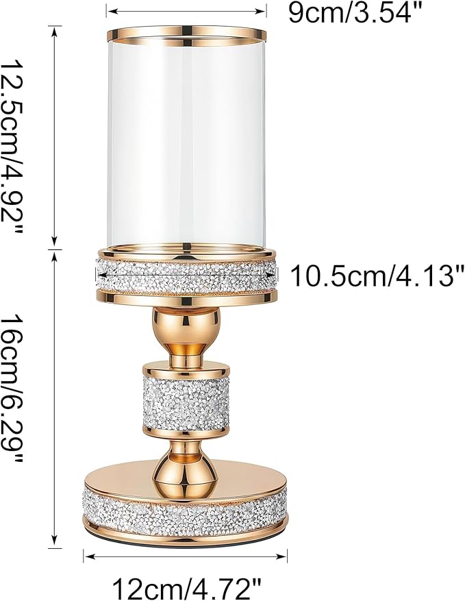 Pillar Candle Holder with Glass Wind Proof, Metal Hurricane Holders, Gold Crystal Candle Stand for Table Centerpieces, Home Decor, Wedding, Dining Table (S, 1PC, for Pillar Candles up to 3"x5")