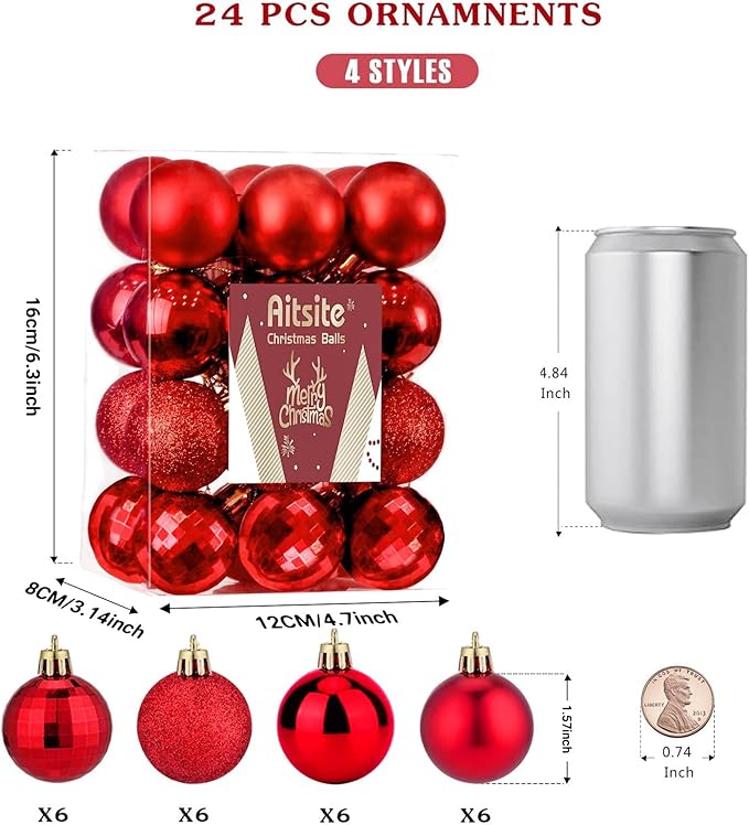 Aitsite 24ct Christmas Tree Ornaments Set 1.57 inches Mini Shatterproof Holiday Ornaments Balls for Christmas Decorations (Red)