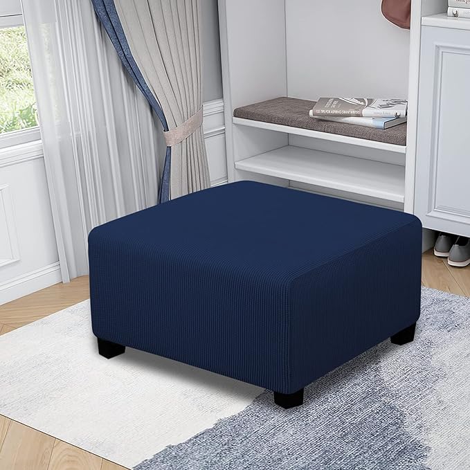Easy-Going Stretch Ottoman Cover Folding Storage Stool Furniture Protector Soft slipcover with Elastic Bottom (Medium,Navy)