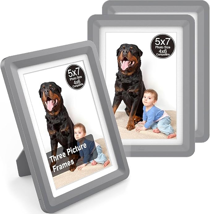 Dark Gray 5x7 Picture Frame with Acrylic Front 3 Pack, ABS Frame for 5x7 or 4x8 Photos, Shatterproof UV-Resistant Tabletop Photo Frame, Vertical/Horizontal Display for Home Décor
