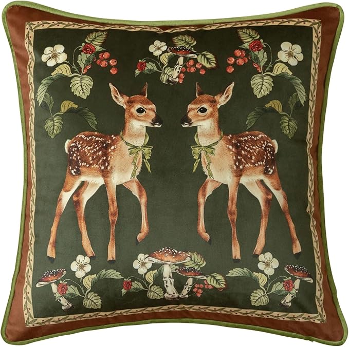 Grandmillennial Holly Deer Green Pillow Cover, Velvet Euro Sham Covers Decorative Throw Pillow Covers 18x18 for Couch Sofa Bed Living Room, Christmas & Holiday