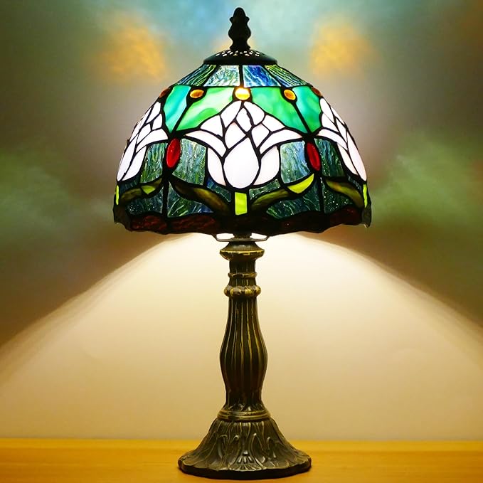 Small Tiffany Lamp Stained Glass Table Lamp Mini Accent Lamp Handmade Desk Memory Lamp Sympathy Bedside Night Light 8X14 Inch (Tulip Flower Style)