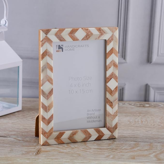 Handicrafts Home Chevron Mosaic Picture Frame– Handmade Bone Inlay 4 by 6 Photo Frame for Tabletop & Wall Decor, Home Decor, Boho Chic Coastal Farmhouse Frame, Colorful Desk & Shelf Decor- Brown White