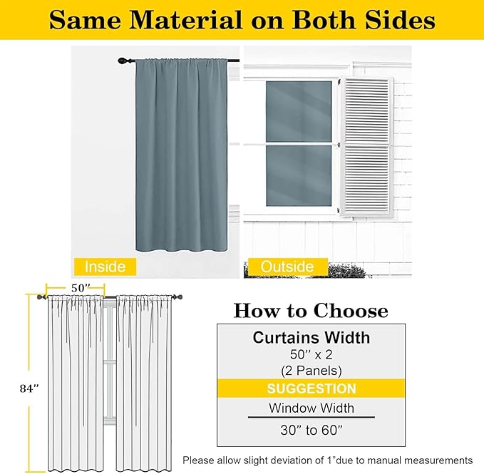 Stone Blue Blackout Curtains 84 Inches Long 2 Panels Set, Soft Solid Thermal Insulated Room Darkening Curtains for Bedroom Living Room, Rod Pocket Drape, 50" Wx84 L
