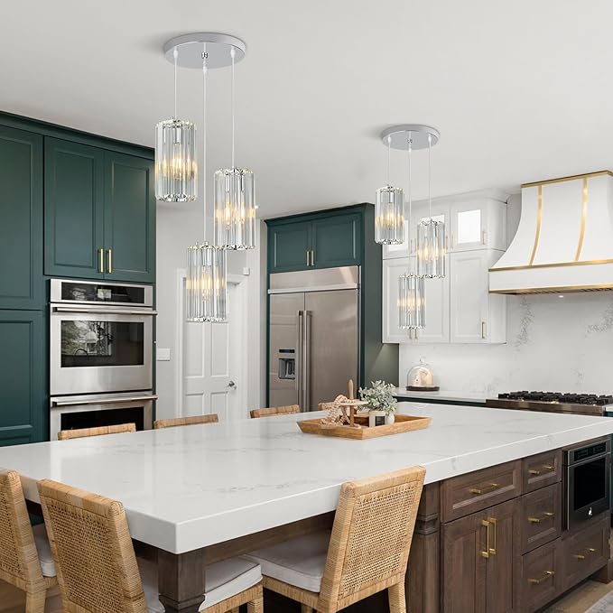 Chrome Pendant Lighting Modern Pendant Light, Mini Crystal Chandeliers,Adjustable Pendant Light Fixture for Kitchen Island Dinning Room Corridor Bedroom(Chrome 3-Light)