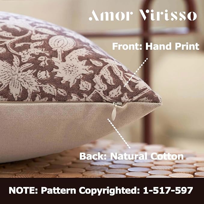 Amor Virisso Throw Pillow Covers 20x20 Floral Pillow Covers Block Print Farmhouse Neutral Pillow Covers Decorative Accent Throw Pillows for Couch Bed Living Room Sofa Pillows 1PC, Brown