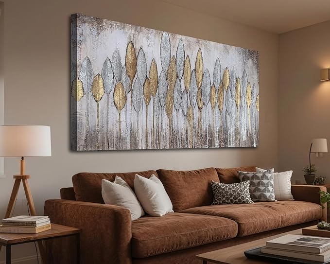 Acocifi Beige Neutral Wall Art Living Room, Abstract Leaf Gold Textured Painting, Modern Minimalist Picture Artwork Framed for Bedroom Dining Room Office Home Extra Large Decor 58"x29"