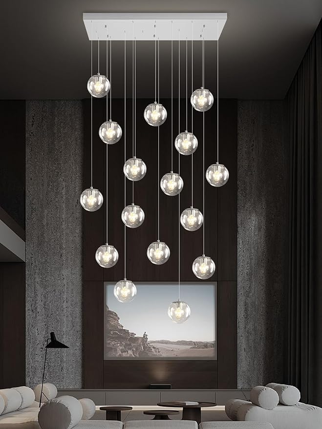 Glass Chandelier LED Modern Silver Pendant Light Globe Ceiling Light H157 Glass Ball Chandeliers for Staircase Living Room Hotel Hallway Foyer Entryway (16 Lights-Rectangle Chandeliers)