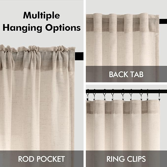 Beige Light Filtering Linen Curtains 54 Inch Length 2 Panel Set Back Tab Pocket Soft Semi Sheer Enhanced Privacy Short Window Drapes for Kitchen Cafe Farmhouse Elegant Home Decor