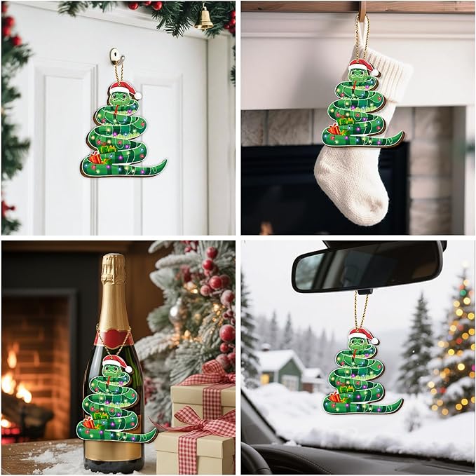 34HD Wooden Snake Christmas Ornament 2025 – Funny Holiday Tree Hanging Decor for Reptile Lovers, Animal Theme Xmas Gift for Kids Adults, Unique Wooden Snake Ornament for Her Him