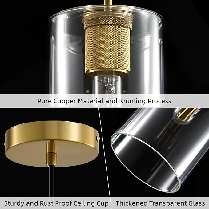 Modern Gold Glass Pendant Light: Cylinder Clear Glass Pendant Light over Kitchen Island - Simple Brass Hanging Lights with Short Tube - Height Adjustable Pendants Lighting Fixture for Bedroom Bathroom