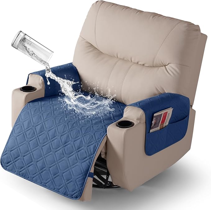 VANSOFY Recliner Chair Covers 100% Waterproof Seat Cover with Arm Reclining Cover Non-Slip Recliner Chair Covers Furniture Protector Washable Slipcover with Pocket for Pets, Dogs(Ocean Blue, 28")