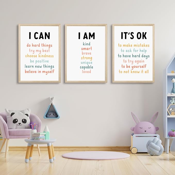 Kids Affirmation Wall Art Positive Canvas Wall Decor Inspirational Quotes Wall Art Motivational Words Pictures Daily Affirmations Poster Nursery Prints for Playroom Children Room 16x24x3 Inch Framed