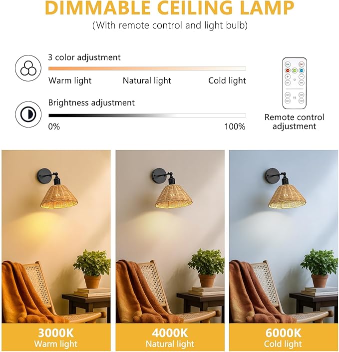 2 Pack Battery Operated Bamboo Rattan Wall Sconce, Black Vintage Rattan Dimmable Sconce, Unique Bohemian Style Design for Bedroom, Living Room, Kitchen
