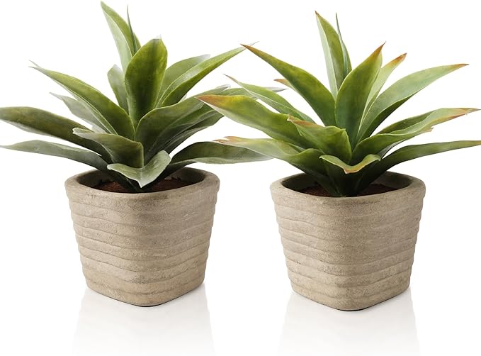 2 Pack Small Fake Plants, 11.42 Inch Artificial Agave Plants in Pots, Faux Plants Indoor for Home Room Office Bathroom Bedroom Kitchen Farmhouse Greenery Decor