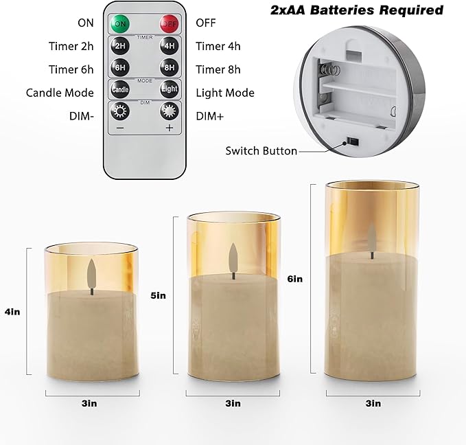 Ice Crystal Real Wax Glass Flameless Candles with Remote & Timer, Battery Operated Candles with Warm Flickering Flame, Realistic LED Candle for Wedding Home Decor [D3×H4/5"/6"] Gold, 3Pack