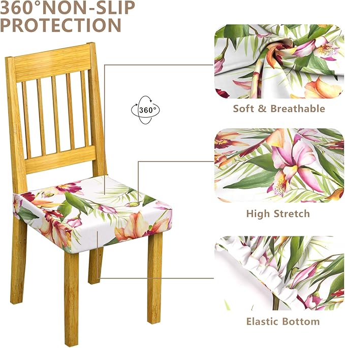 Stretch Dining Chair Seat Covers Set of 6,Dining Chair Slipcovers, Floral Printed Chair Covers,Soft Fabric Washable Upholstered Chair Seat Protector, No Rear Covers for Home Kitchen Dining Room