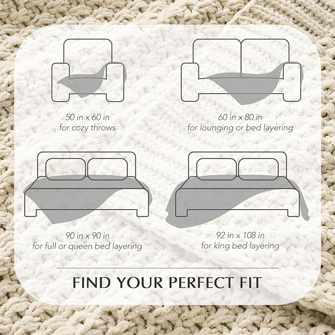 EVERGRACEHOME Chunky Chenille Knit Throw Blanket for Couch, Soft Luxurious Oversized King Moss Stitch Blanket for Bed, Large Cozy Farmhouse Knitted Throw for Sofa, Beige, 92" x 108"