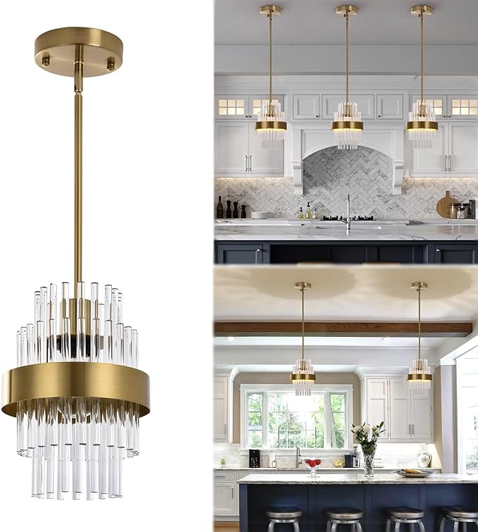 Pendant Light Fixtures, 7inch Modern Glass Pendant Lighting, Brass Color Kitchen Island Pendant Lights, Height Adjustable Pendant Lighting (Brass Color, 1 Pack)