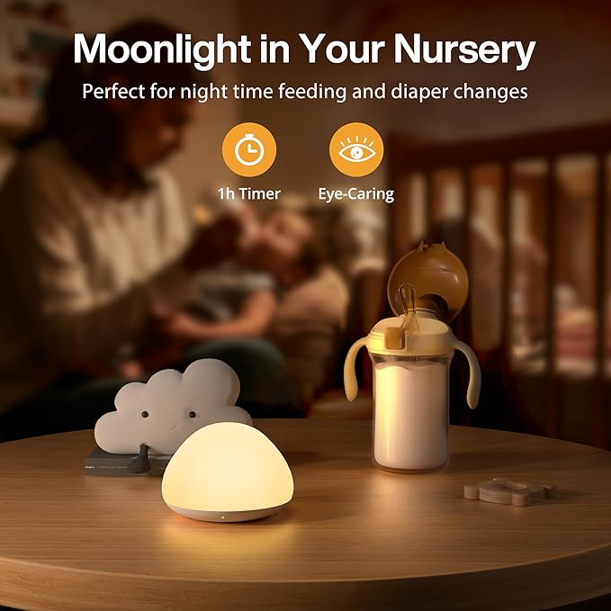 JolyWell Baby Night Light for Nursery, Soft Silicone Tap Control Night Lamp with 8 Color Changing, Stepless Dimming, Rechargeable Portable Night Light for Kids, 1H-Timer, Warm Light for Breastfeeding