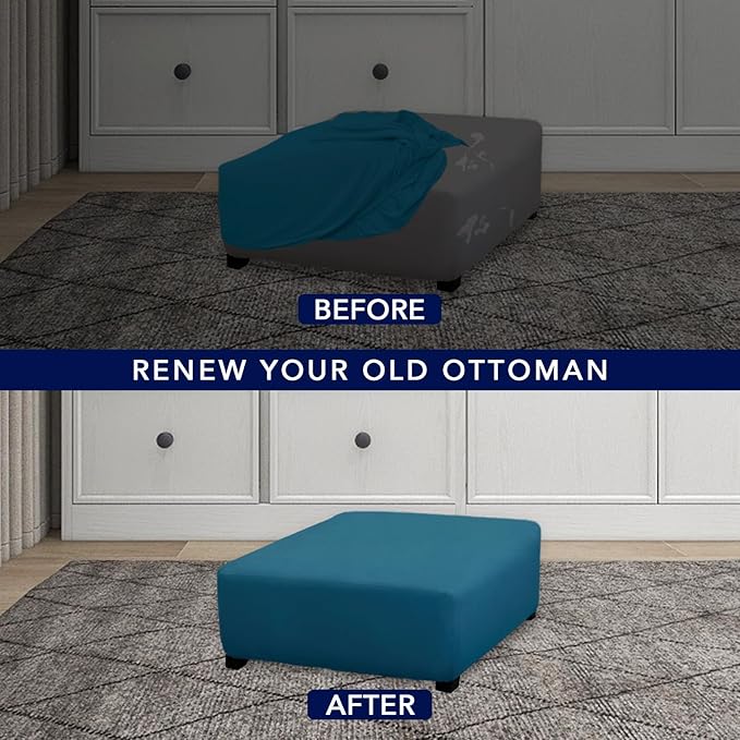 PureFit Super Stretch Form Fit Square Ottoman Cover Rectangle - Ottoman Slipcovers for Foot Stool & Folding Storage Furniture for Living Room with Nonslip Elastic Bottom (Medium-XL, Peacock Blue)