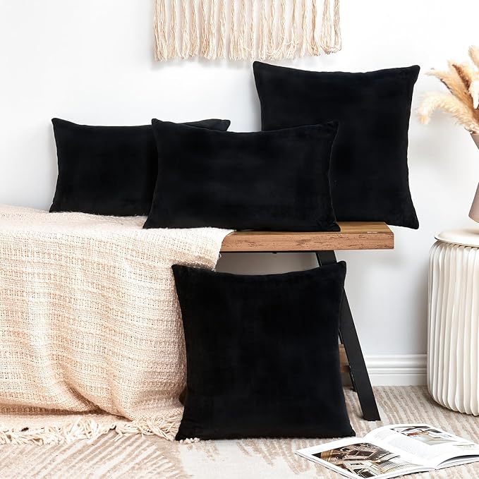 Throw Pillow Covers Decorative Velvet Set of 2 20x20 Inch Pillow Covers, Soft Black Pillowcases for Couch Sofa Bed Living Room, Farmhouse Home Boho Decor, Square Accent Cushion Covers