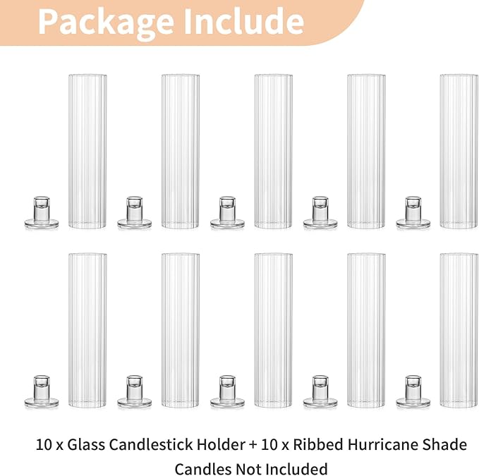NUPTIO Fluted Candle Holder Set: Bulk Hurricane Candlestick Holders with Ribbed Glass Cylinder Sleeve - Set of 10 Tapere Candle Stick Stand for Fall Thanksgiving Christmas Decor