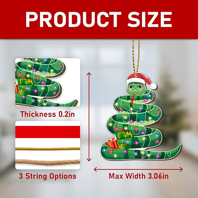 34HD Wooden Snake Christmas Ornament 2025 – Funny Holiday Tree Hanging Decor for Reptile Lovers, Animal Theme Xmas Gift for Kids Adults, Unique Wooden Snake Ornament for Her Him