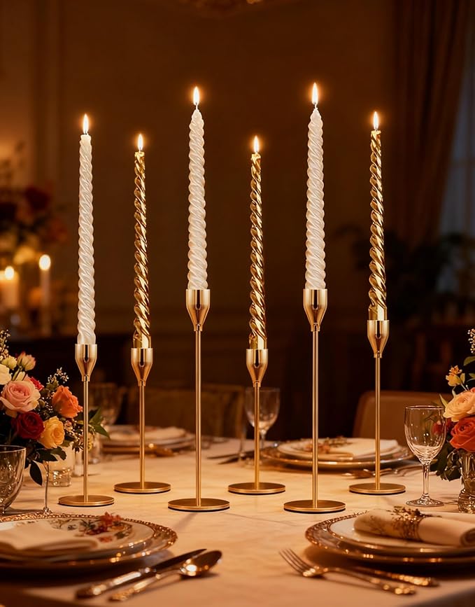 Set of 6 Candlestick Holders Gold Taper Candle Holders Tall Candle Sticks Holder Decor for Christmas, Wedding, Dinning, Anniversary, Party, Holiday