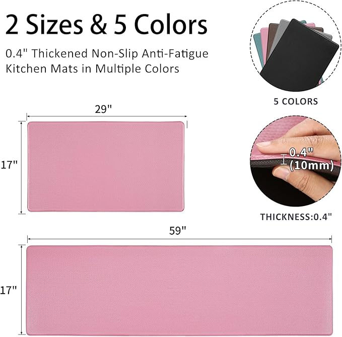 AUTODECO Kitchen Mats and Rugs Set of 2 - Cushioned Anti-Fatigue Kitchen Rug for Floor Washable 17"x29" +17"x59", PinkRed