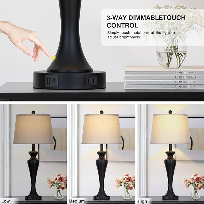 30" Black Table Lamps Set of 2, Touch Control Tall Living Room Lamp with USB A+C Ports and AC Outlet, 3-Way Dimmable Bedside Lamps for Nightstand, Modern Metal Bedroom Lamp, 2 Bulbs Included