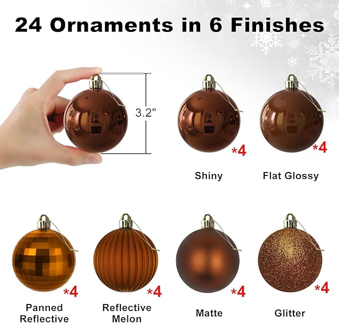Bronze 3.2" Large Christmas Balls - Christmas Tree Decoration Ornaments Shatterproof Hanging Balls for Birthday Halloween Holiday Wedding Decorations Set of 24pcs