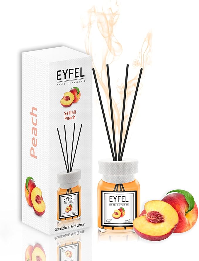 EYFEL Reed Diffuser Set - Peach Scented Sticks for Home and Bathroom - 4.05 fl oz Oil With Diffuser Sticks - Home Fragrances and Decor
