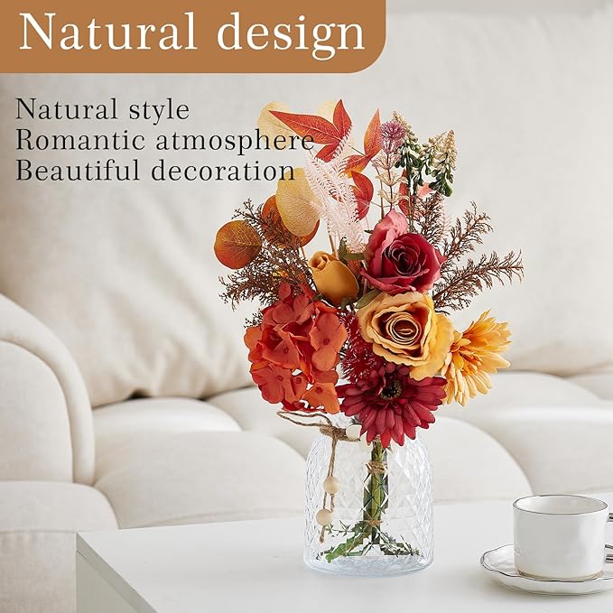 Fake Flowers with Vase Combo Orange Flowers Mix Silk Artificial Flower Gerbera, Fake Plastic Flower Bulk Decoration, Faux flower for DIY Wedding Bridal Bouquets, Floral Arrangement, Table Centerpieces