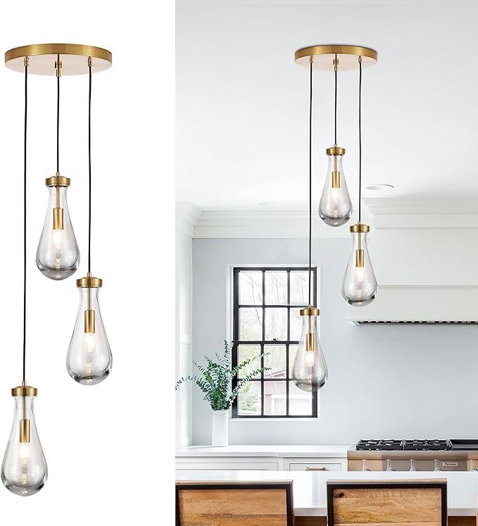 3-Light Raindrop Pendant Light Fixtures, Brass Glass Pendant Lighting, Teardrops Modern Hanging Light for Entryway Foyer Kitchen Island Dining Living Room Hallway