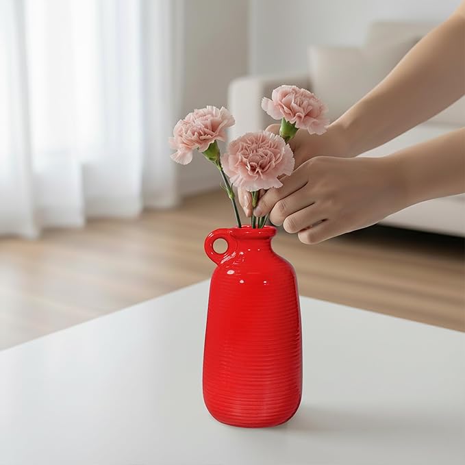 Sunddo Red Ceramic Vase - 10 Inch Modern Flower Vase for Home Decor, Decorative Vase with Handle, Red Decor for Entryway, Bedroom, Office, Centerpiece Table Decorations