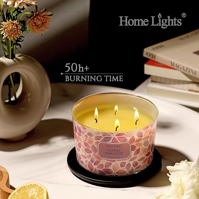 HomeLights Coral Paradise Scented Candles | 18oz Soy Candles Bohemian Natural Textures 4-Wick Large Candle Jars | Ideal Candle Gifts for Events, Home Decor Stress, Relief & Relaxation
