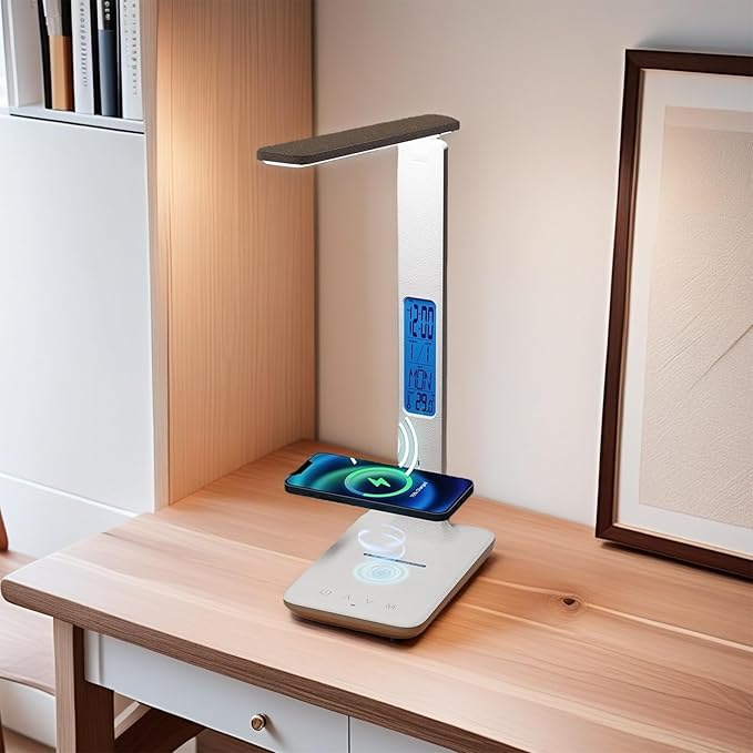 Multi Functional Table Lamp T26 White,Features a Clock, Calendar, Temp Display, Alarm, Wireless Fast Charging, and Adjustable Brightness.