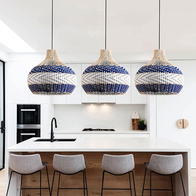 3-Light Rattan Pendant Light 15" Hand-Woven Blue White Wicker Basket Chandelier1-Pack Boho Faux Rattan Hanging Light,for Living Room Bedroom Kitchen Hallway Dining Farmhouse