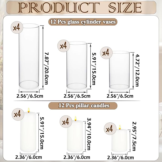 24 Pcs White Pillar Candles and Glass Cylinder Vases Clear Glass Pillar Candle Holders Hurricane Glass Candle Holders for Table Centerpieces Wedding, Party, Event, Home Office